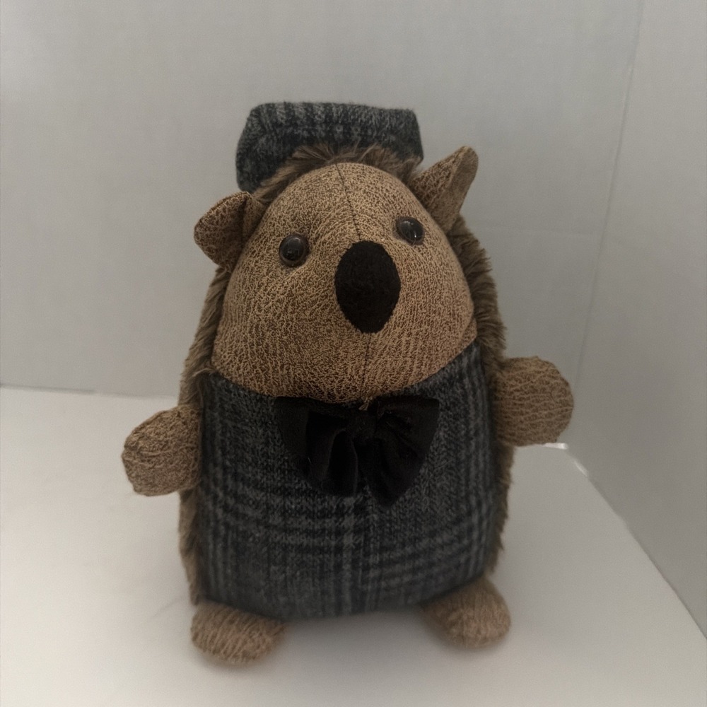 Woodland Critters Hedgehog Plush Figurine Plaid Vest Bow Tie Flat Cap 8 Inch